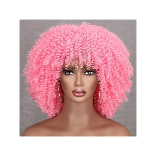 Light Pink Curly Wigs for Black Women, Short Afro Curly Wigs with Bangs Synthetic Fiber Afro Kinky Wigs Short Curly Pink Wig For Daily Use ( Pink )