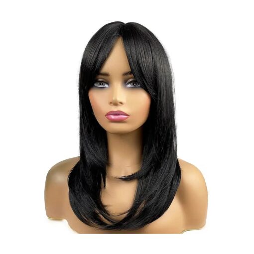 Long Black Wigs for Women, Black Wigs with Bangs Layered Shoulder Length Synthetic Wig for Daily Party ( 20 inch )