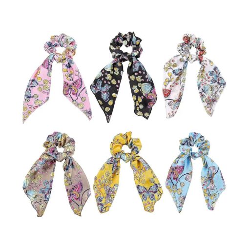 Scarf Scrunchies Silk Hair Ribbons Butterfly Hair Scarves Colorful Scrunchies Bandana Vivid Ponytail Scarf Elastics Hair Ties Hair Bows Hair Bands Hair Accessories for Women Girls with 6PCS