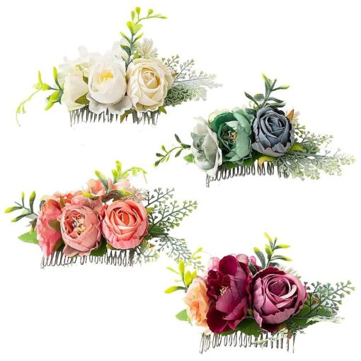 Cinaci 4 Pack Silver Metal Hair Side Combs Slides with Artificial Rose Flower Floral Wedding Bridal Headpieces Clips Hairpins Barrettes Bun Chignon Hair Accessories for Women Flower Girls Bridesmaids