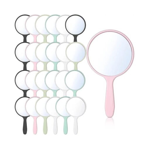 Jetec 25 Pcs Handheld Mirror with Handle Bulk, 3.94" L x 2.17" W, Small Portable Round Mirror for Kids Travel Makeup Classroom Camping Daily Use ( White, Pink, Black, Blue, Green )