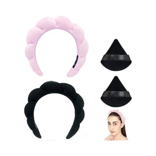 Spa Headband for Washing Face, Set of 2 Skincare headbands, Soft Skin Care Headband for Makeup Removal, Shower - Makeup Headband for Women ( 2 Pack/Black+Pink )