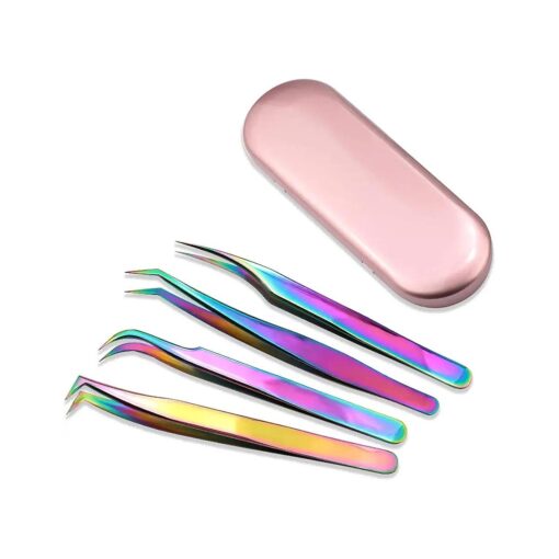 Nibiru Eyelash Extension Tweezers Set, 4 PCS Stainless Steel Curved Tip Precision Tweezers Anti-static Professional Makeup Tool ( 4pcs, Rainbow )