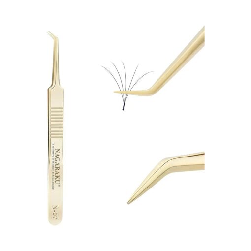 NAGARAKU Tweezers for Eyelash Extensions Gold Curved Angled Volume Cluster Super Light Weight Easy Fanning Tweezers Stainless Steel Precision ( N-07 )