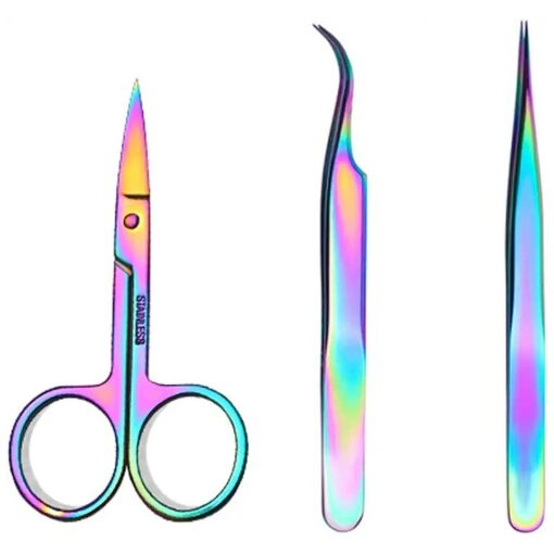 WOKOTO Nail Tweezers And Scissors Kit Straight Curved Rainbow Stainless Steel Precision Tweezers Set For Nail Art Sticker Rhinestone Eyelash Extensions Picker Tools