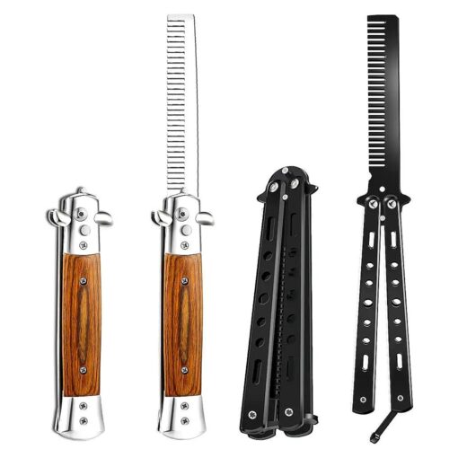 2 Pieces Wood Grain Switchblade Blade Comb Pocket Hair Brush Automatic Push Button Brush and Folding Butterfly Comb Stainless Steel Training Practice Comb Outdoor Practice Comb ( Black )