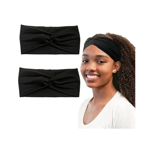 2Pcs Turban Headbands for Women Boho Stretchy Fashion Headbands Fabric Twist Knotted Cloth Cute Thick Headband Head Wraps for Womens Girls Black