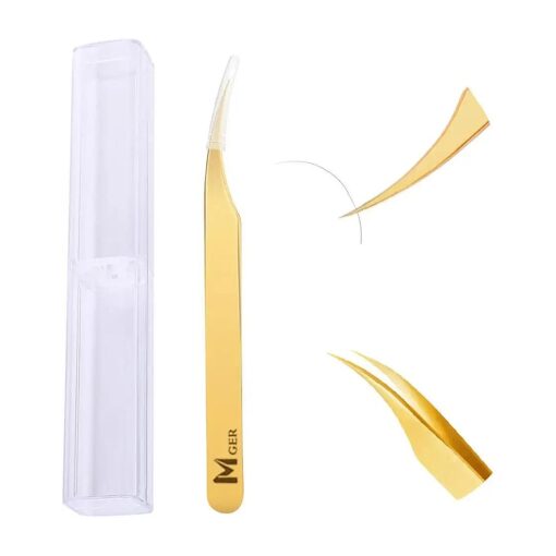 MGER Lash Tweezers for Eyelash Extensions, Hand Calibrated Dolphin-shaped Tip, False Lash Application Tools, Gold