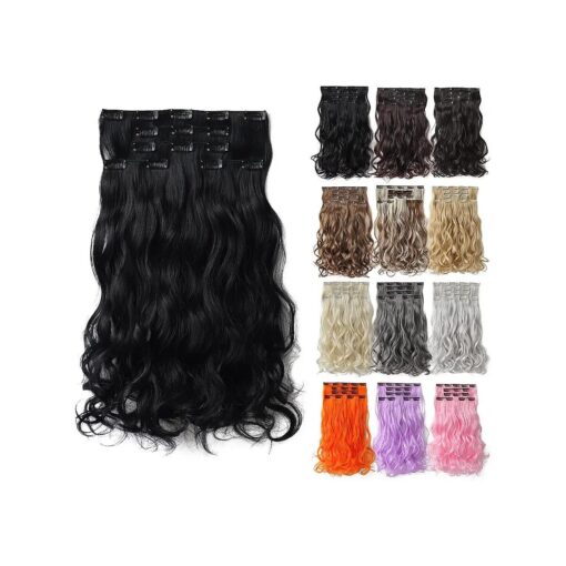 Clip in Hair Extensions Jet Black Wavy Curly Fluffy 18 Inch 5PCS Thick Synthetic Hairpieces Full Head Natural Soft for Women Long Straight 22 Inches Hair Extension 145g / 5.1 Oz