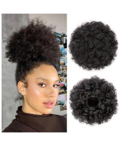 Afro Puff Drawstring Ponytail, Black Curly Afro Bun Extensions Synthetic hair, Short Afro Hairpieces Updo hair for Black Women ( Natural Black 1B )