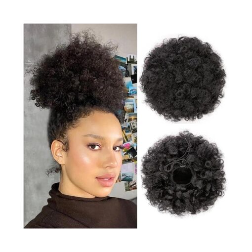 Afro Puff Drawstring Ponytail, Black Curly Afro Bun Extensions Synthetic hair, Short Afro Hairpieces Updo hair for Black Women ( Natural Black 1B )