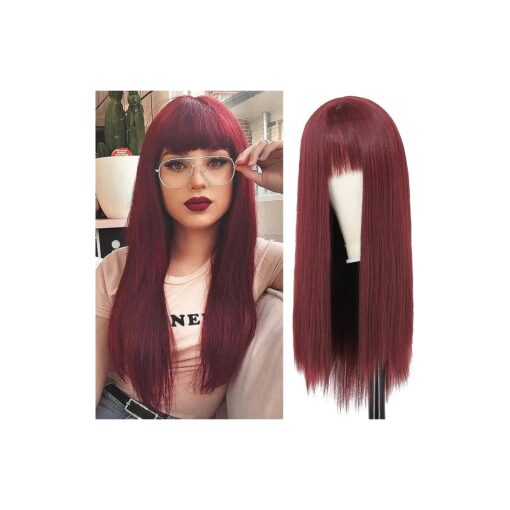 NICAT Burgundy Wigs for Women Long Burgundy Wig with Bangs 26" Long Straight Wine Red Color Hair Wig Cute Natural Synthetic Soft Wig NT006BU