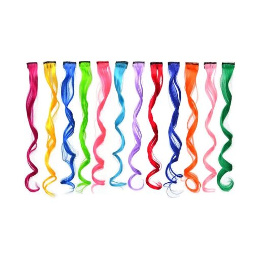 12 Pcs Colored Hair Extensions Colored Hair Clips Curly Wavy Synthetic Hairpieces Multi-colors Party Highlights Clip for Women Kids Girls ( Colorful Set Curly Wavy )