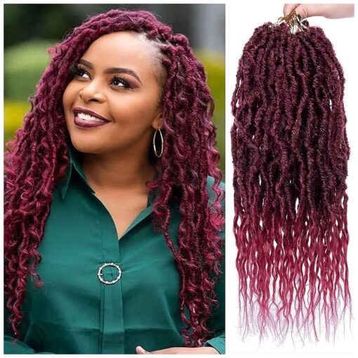 Unionbeauty Faux Locs Crochet Hair 16 Inch 7 Packs Boho Goddess Locs Crochet Hair Ombre Burgundy Locs Pre Looped Crochet Locs with Soft Wavy Curly Ends Synthetic Hair Extensions for Black Women TBUG #