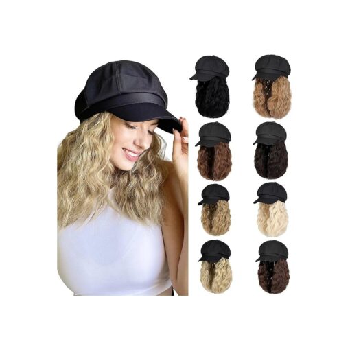 Newsboy Cap with 10 Inch Wavy Curly Hair Extensions for Women Hat Attached Synthetic Wig Short Extensions 14 Inch in Length ( with Newsboy Cap )