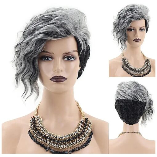 SEVENCOLORS Short Grey Pixie Cut Wigs for Black Women Natural Wavy Side Part Wigs Synthetic Hair Gray Mixed Black African American Wigs