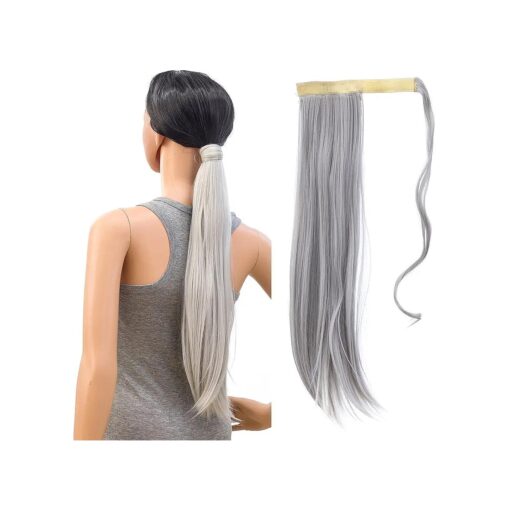 SWACC Women Long Straight/Curly Wavy Wrap Around Ponytail Extension Synthetic Hair Piece Clip in Hair extensions ( Straight, Silver Gray )