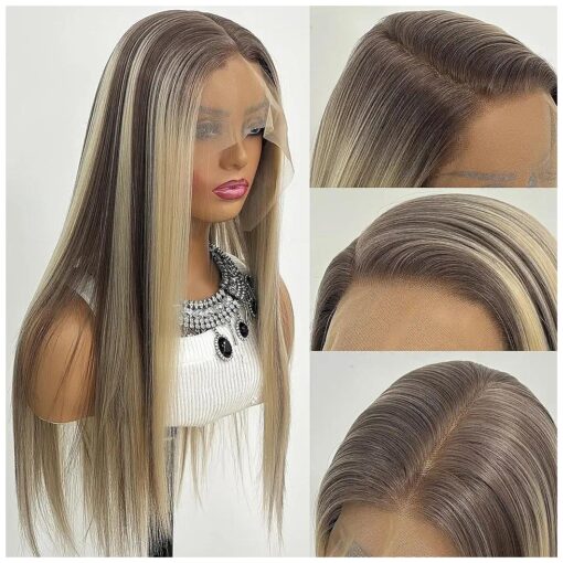 Highlight Ash Blonde 13x6 Frontal Wig Long Straight Glueless Ombre Brown Dirty Blonde Synthetic 13x6 Lace Front Wig Pre Plucked for Women 24 Inches 150 Density