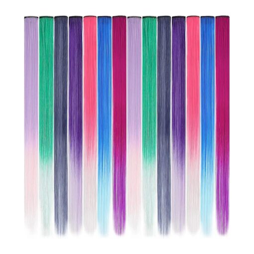 YaFex 14 Pcs Clip in Hair Extensions, 22 Inch Colored Hair Extensions Party Highlights Long Straight Synthetic Hairpieces for Women Kids Girls ( Gradient Color 14Pcs )