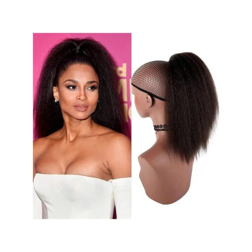 Medium Long Afro Kinky Straight Drawstring Ponytail Extension for Black Women, Light Yaki Curly Clip in Ponytail High Temperature Synthetic Hairpieces ( Nature Black )