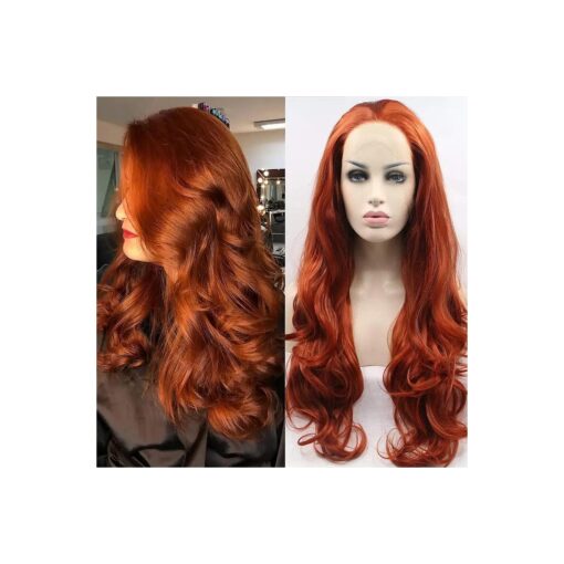 xiweiya Long Wavy Copper Red Lace Front Wig Glueless Free Part Auburn Color Synthetic Wig for Women, Drag Queen with Heat Resistant Fiber Hair Replacement Wig Cosplay Halloween Wig 24 inch