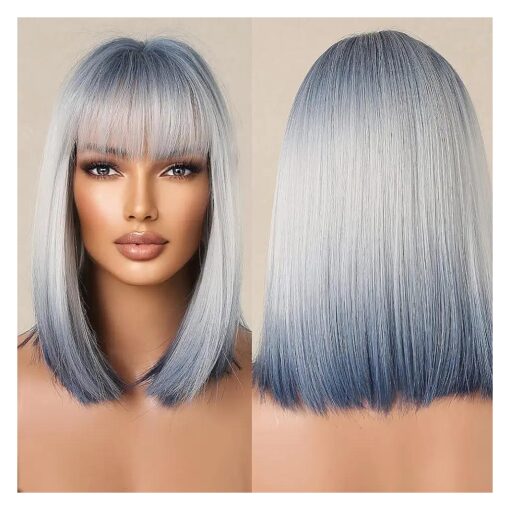 Allbell Ombre Blue White Bob Wigs with Bangs Heat Resistant Synthetic Short Cosplay Wigs for Women Halloween Christmas Hair Replacement