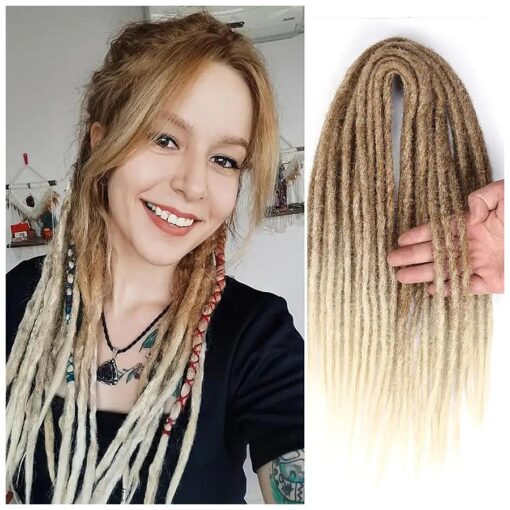 16 Inch Double Ended Dreadlock Extensions, 10 Strands Ombre Brown Synthetic DE Dreads Thin Soft Fake Dreads Hippie Style Dreadlock for Woman