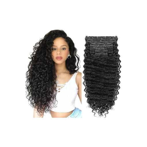 Clip in Hair Extensions Synthetic hair Clip in 140G 7Pcs/Lot Japanese Heat Resistant Fiber Hairpieces Deep Wave/ Body Wave/Straight hair ( Deep Wave, Natural Black 1B # ) ( 24 Inch ( Pack of 7 ) )