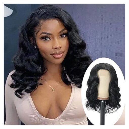 meiliprotea 16" Short Body Wave Synthetic Wig Side Part Bob Wavy Lace Wig Short Wavy Bob Wigs for Black Women 180 % Density Ocean Wave Wig Short Wavy Synthetic Lace Front Wig