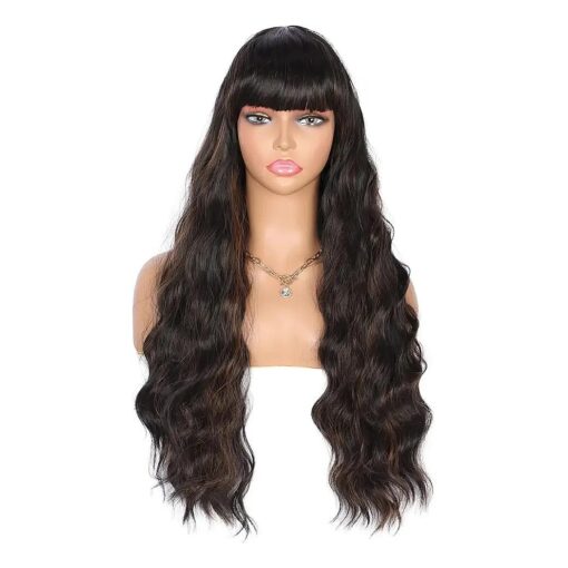 Kalyss 26 Inches Curly Wavy Synthetic Light brown Highlights Black Wigs with Hair Bangs Heat Resistant Synthetic Wigs for Women Natural Looking Women 's Costume Cosplay or Daily Wear Hairpiece