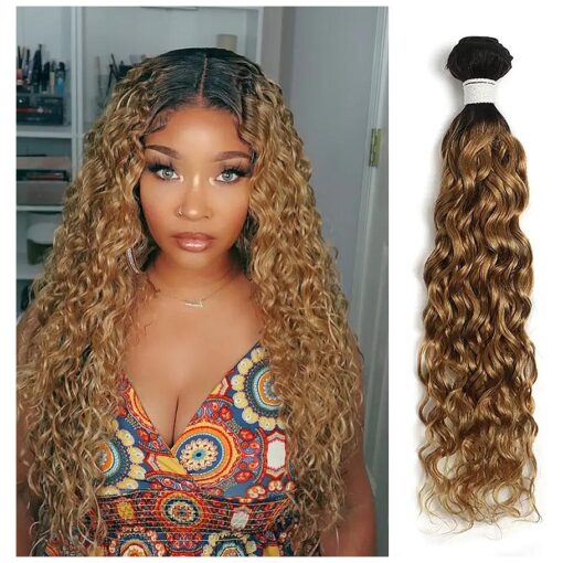 X-TRESS Ombre wet and wavy Human Hair Bundles 1 Ombre Blonde Curly Bundle 100 % Human Hair Bundles Honey Blonde Curly Bundles Color 1b27 Hair Extension ( 24Inch, T1B/27 # )