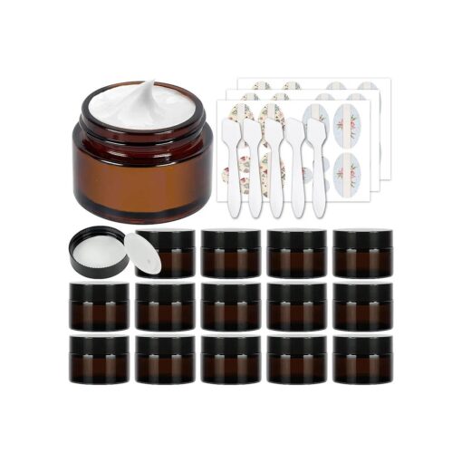 15 Pack 1 oz Empty Amber Glass Jars, 30ml Round Refillable Cosmetic Container Storage Jars with Inner Liners and Black Lids, Perfect Travel Jars for Cosmetics, Face Cream Lotion and More Beauty Products