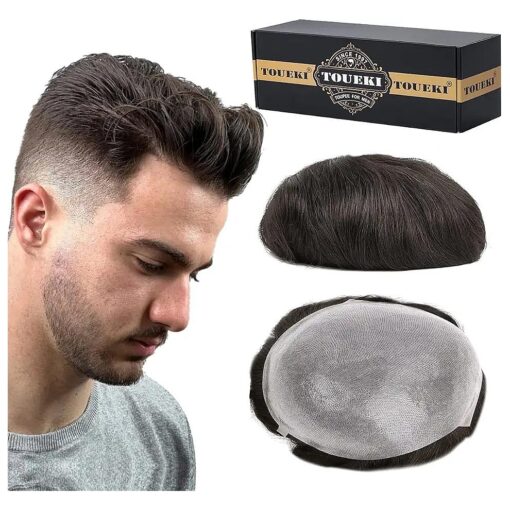 Toupee for Men, 8x10 Inch 0.06mm Thin PU Skin Mens Toupee Human Hair, Dark Brown Mens Hair Piece V-looped Hair Wig for Men Replacement Hair System Hairpieces