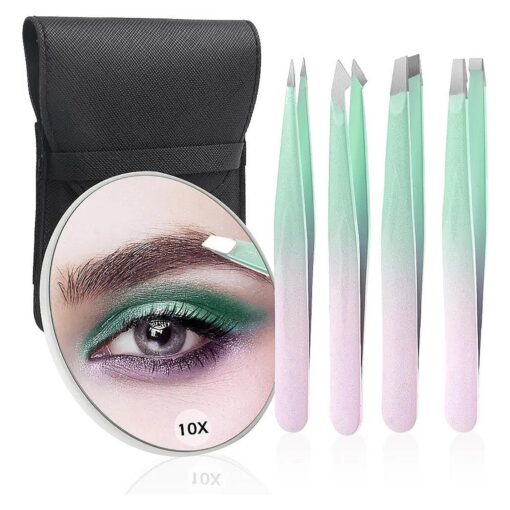 Tweezers and 10X Magnifying Mirror Kit with Travel Leather Case, Eyebrow Tweezer Set for Women & Men, Great Precision for Facial Hair, Splinter and Ingrown Hair Removal - Starry Green