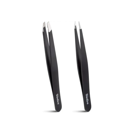 2-Pack Tweezers for Eyebrows, Facial Hair, Ingrown Hair Removal, Slant and Point Tip Tweezer Set for Women and Men, Professional Stainless Steel Precision Eyebrow Plucking Grooming with Case - Black