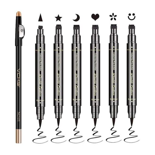 Mysense 7pc Eyeliner Stamp Wing Liner, Double-side Waterproof Eyeliner, Seal Pen With Shape of Smiley, Triangle, Heart, Star, Moon, Flower, Super Slim Gel Felt Tip High Black Pigment