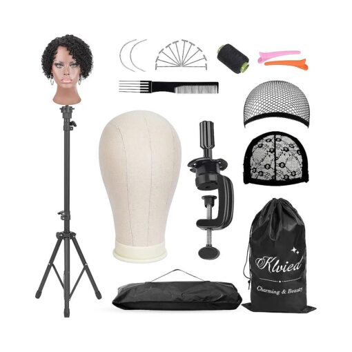 Klvied Reinforced Wig Mannequin Stand with Head, Dual-use 22 Inch Canvas Wig Head Display, Adjustable Clamp Wig Holder, Manikin Head Set for Cosmetology Hairdressing Training with Carrying Storage Bag