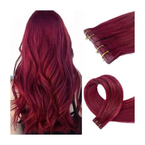 Burgundy Tape in Hair Extensions Human Hair 20 Inch 50g 20pcs Tape in Hair Extensions Wine Red Human Hair Real Remy Tape in Extensions