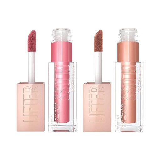 Maybelline Lifter Gloss with Hyaluronic Acid Makeup Bundle, Lip Gloss Set Includes 1 Nude Lip Gloss in Petal and 1 Pink Lip Gloss in Stone