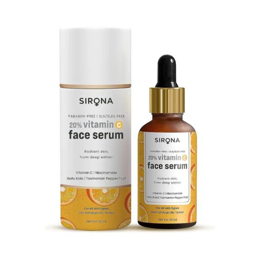 Sirona 20 % Vitamin C Face Serum for Men & Women - 30 ml for Repair Skin Damage, Heals Dark Spots & Makes Skin Radiant | with Niacinamide, Gotu Kola & Tasmanian Pepper Fruit