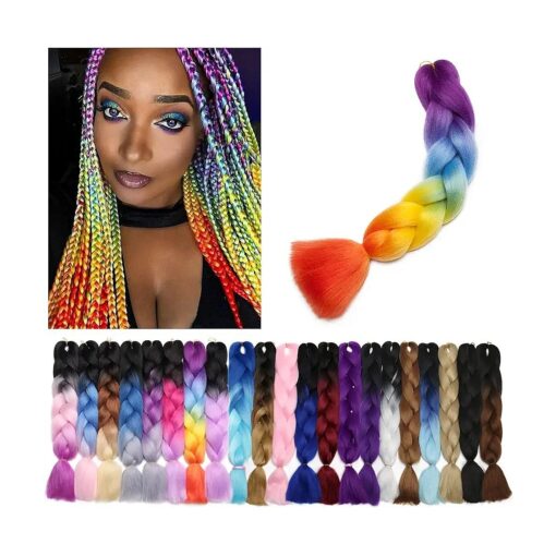 Benehair Rainbow Braiding Hair 1 Bundle 24inch Jumbo Braiding Hair Extensions High Temperature Synthetic Braid Hair Braiding Hair Pre Stretched Ombre Braiding Hair ( Purple+Blue+Yellow+Orange )