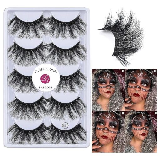 Mink Lashes 25mm False Eyelashes LASGOOS Siberian Luxurious Soft Cross Thick Very Long Wedding Dram Party 5 Pairs Pack 3D Fake Eye Lashes ( E87-5 )