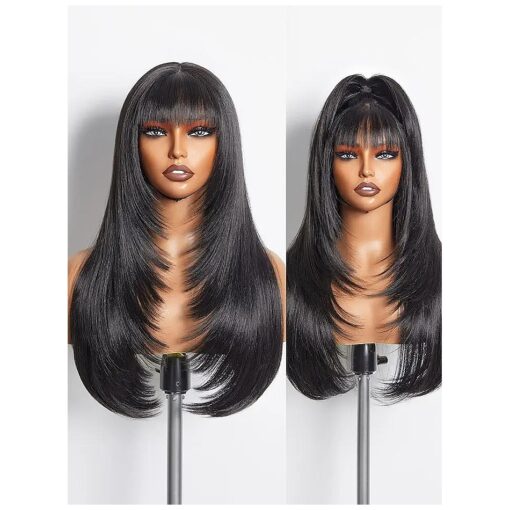 GORGIUS Natural Black Straight Layered Wigs with Bangs Glueless Wig 22 Inch Put On Go Wigs Crafted with Style-Archive ( tm ) Technology : Fiber & Remy Human Hair Blend with Natural Pre-Plucked Hairline