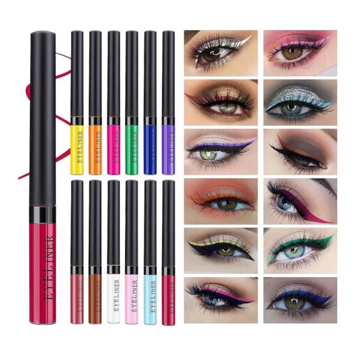 Colored Liquid Eyeliners 12 Colors Colorful Liquid Eyeliner Set, Matte Colorful Eye Liner Liquid Color Eyeliner Eye Makeup Smudgeproof Long Lasting Gel Eye Liner Gift Kit for Women