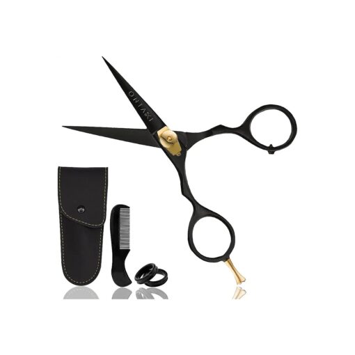 5.5" Professional Japanese Steel Beard Scissor - Salon Shears Hand Forged Barber Scissors For Comfort and Precision - Trimming Scissors for Beards, Mustache, Bangs, Hair & Pets ( Gold & Black )