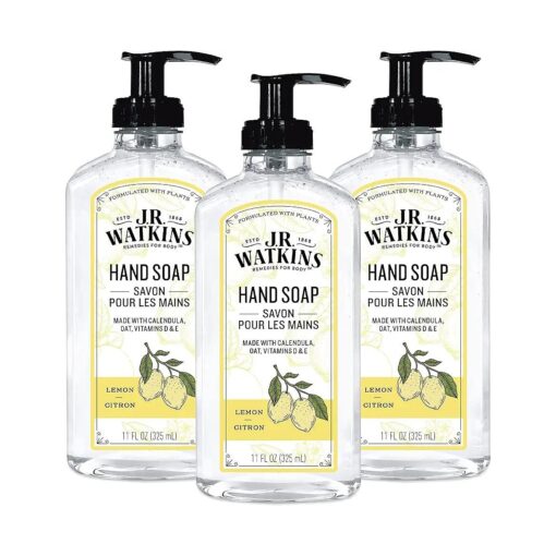 J.R. Watkins Liquid Hand Soap With Dispenser, Moisturizing Hand Soap, Alcohol-Free Hand Wash, Cruelty-Free, USA Made Liquid Soap For Bathroom or Kitchen, Lemon, 11 Fl Oz, 3 Pack