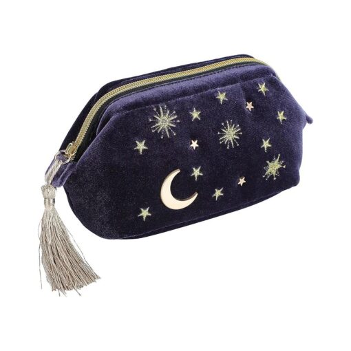 Handy cosmetic makeup bag, Navy Velvet Embroidered Applique Moon Stars Cosmetic Bag, Starry Makeup Pouch with Tassels & Pearl Zipper, Beautician Storage Bag