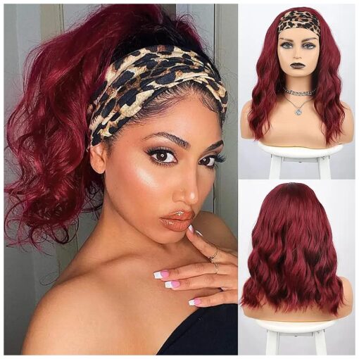 MORICA Red Wig Headband Wigs for Black Women Short Wavy Wig Short Bob Red Wig Wave Wig Glueless Synthetic Shoulder Length Wigs 16 Inch Headwrap Wigs with Headband Attached