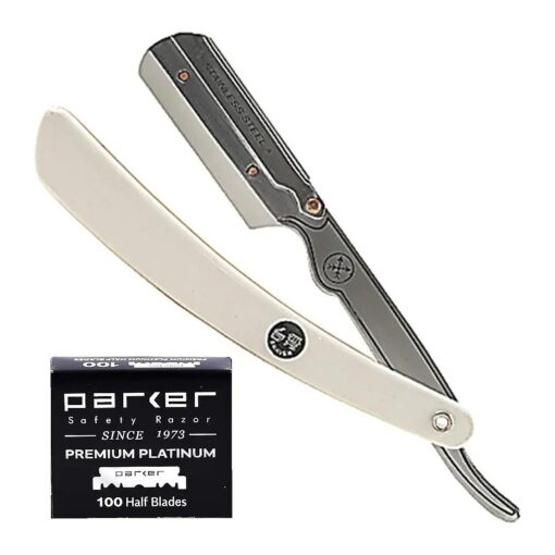 Parker SRW Straight Edge Barber Razor for Men with 100 Parker Platinum Stainless Steel Single Edge Barber Razor Blades for a Barber Shop Shave