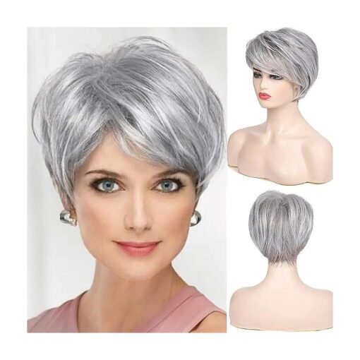 Short Grey Wigs for White Women Short Cut Layer Sliver Gray Wigs with Bangs Synthetic Hair Replacement Wigs ...